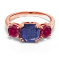 thumbnail image 2 of Gem Stone King 18K Rose Gold Plated Silver Blue Lapis and Red Created Ruby 3 Stone Engagement Ring for Women (4.00 Cttw, Gemstone, Cushion 8MM, Size 9), 2 of 5