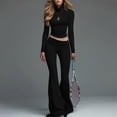 thumbnail image 3 of Idoravan sets for women clothing two piece casual Women Solid Color High Neck Long Sleeves Low-rises Bells-bottoms Suit, 3 of 7