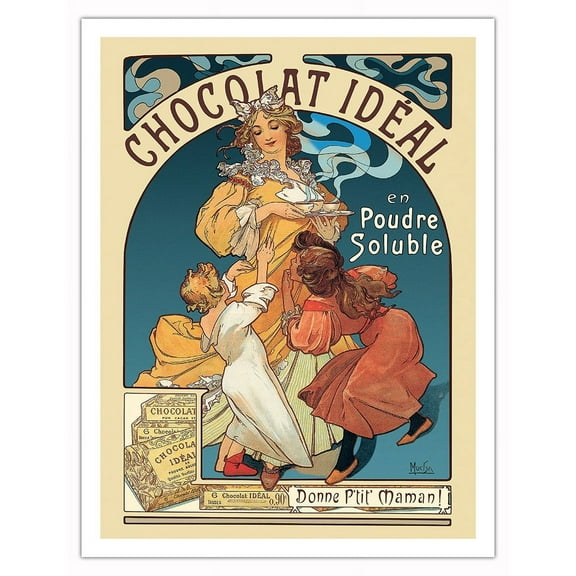 Chocolat Idéal Cocoa - Vintage France Advertising Poster by Alphonse Mucha c.1897 - Fine Art Matte Paper Print (Unframed) 20x26in