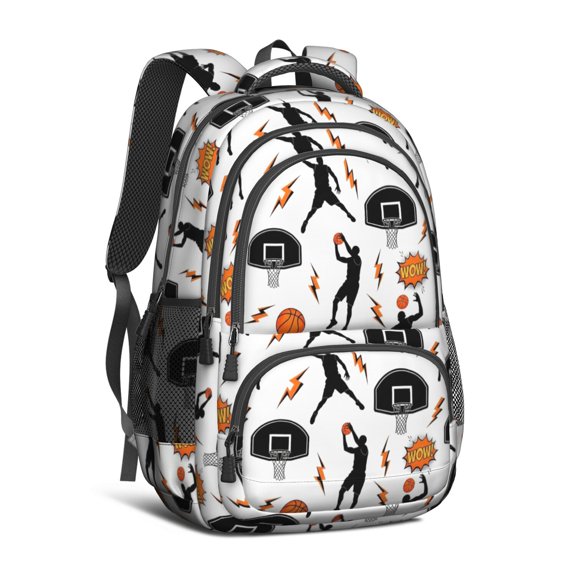 Basketball and Lightning White Pattern Cute School Backpack Bag with Padded Back and Adjustable Shoulder Straps 16.9 X 12.6 X 5.9 Inches