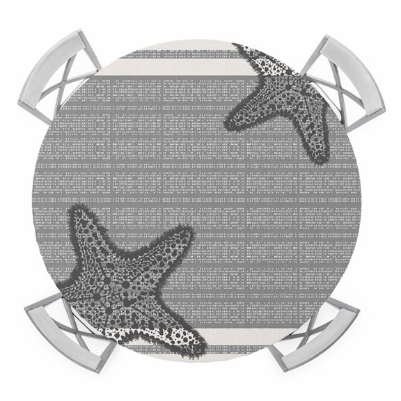 Pixel Grey Star Round Table Cover, Modern Abstract Nautical Ocean Beach Starfish Stripe Waterproof Fitted Tablecloths for 55"-60" Tables, Washable Picnic Table Cover for Camping Dining Indoor Outdoor