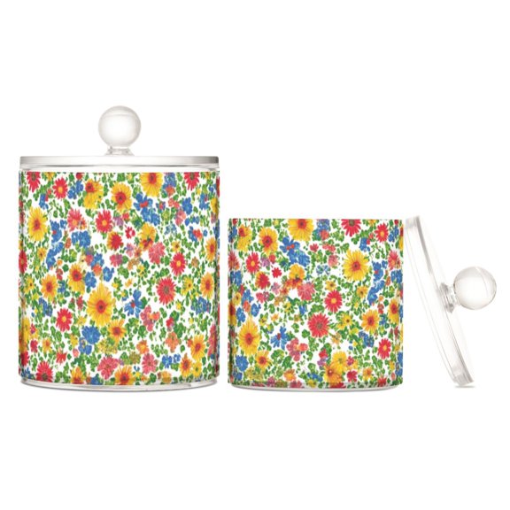Art Floral Pattern Translucent Plastic Cotton Swabs Canisters Large Medium Set