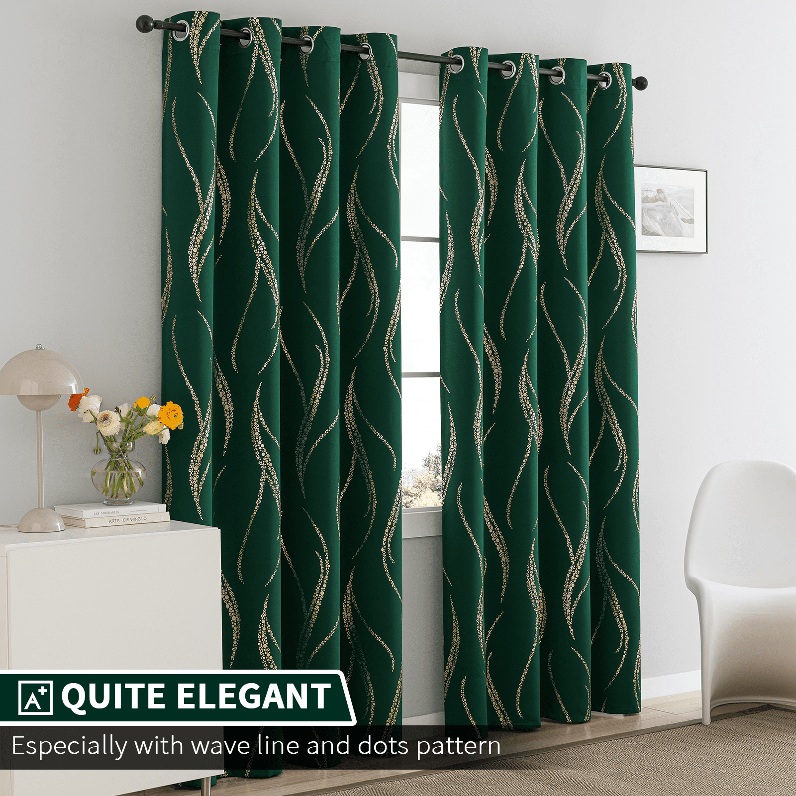 Yakamok Blackout Curtains for bedroom - Wave Line with Dots Gold Print Design Noise Reducing Thermal Insulated Ring Top Blackout Window Drapes for Livingroom (2 Panels, 52 x 84Inch, Emerald Green)