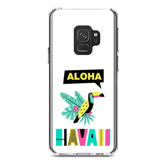 DistinctInk Clear Shockproof Hybrid Case for Samsung Galaxy S9 (5.8" Screen) - TPU Bumper, Acrylic Back, Tempered Glass Screen Protector - Summer Graphics - Aloha Hawaii Yellow Teal Pink