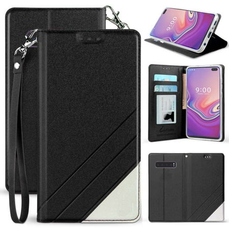 Case for Galaxy S10 Plus, [Black] Infolio Wallet Credit Card Slot ID Cover, View Stand [with Wrist Strap Lanyard] for Samsung Galaxy S10 Plus Phone (SM-G975) s10+