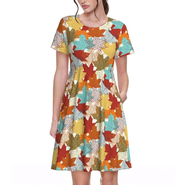 Disketp Fall Maple Leaves para Vestido de Manga Corta para Mujeres, Vestidos de Verano para Mujeres, Casual y Holgado para la Playa