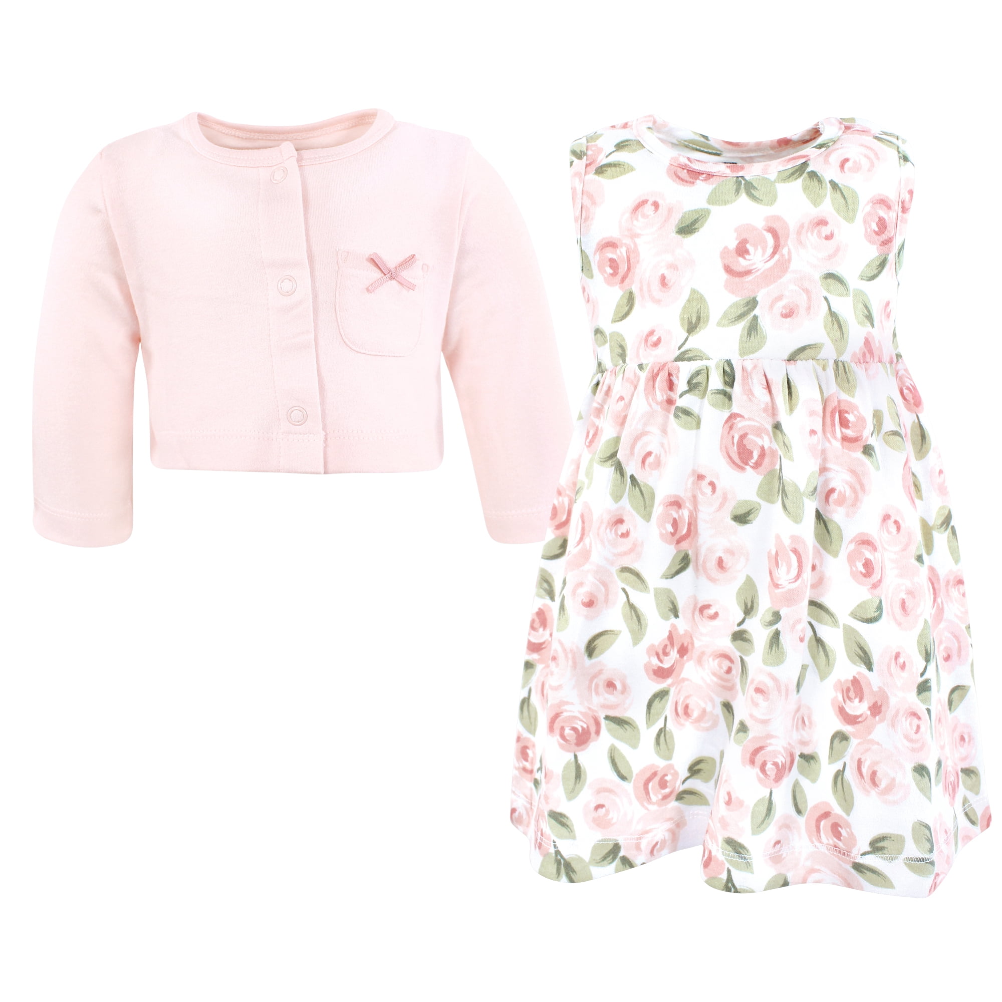 Hudson Baby Infant and Toddler Girls Cotton Dress and Cardigan Set, Blush Pink Floral, 18-24 Months