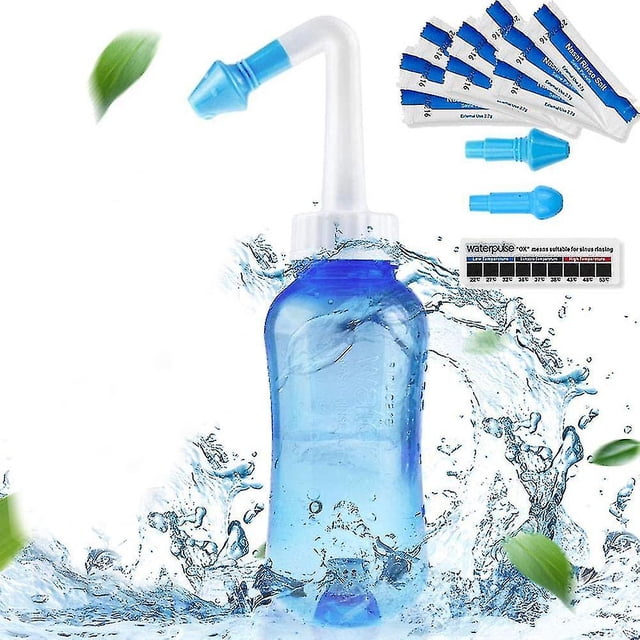 Kit de Rinçage des Sinus, 300ml Neti Pot Kit de Rinçage des Sinus avec 30 Sachets de Sel de Lavage Nasal et Autocollant Thermomètre, Kit de Rinçage des Sinus Nasaux Compatible avec Adultes