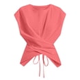 thumbnail image 6 of CIENVNSTG Womens Summer Daily Casual Tops Round Neck Cap Sleeve Cross Wrap Twist Front Ruched Slim Fit Stretchy Cropped Tank Shirts Watermelon Red S, 6 of 7
