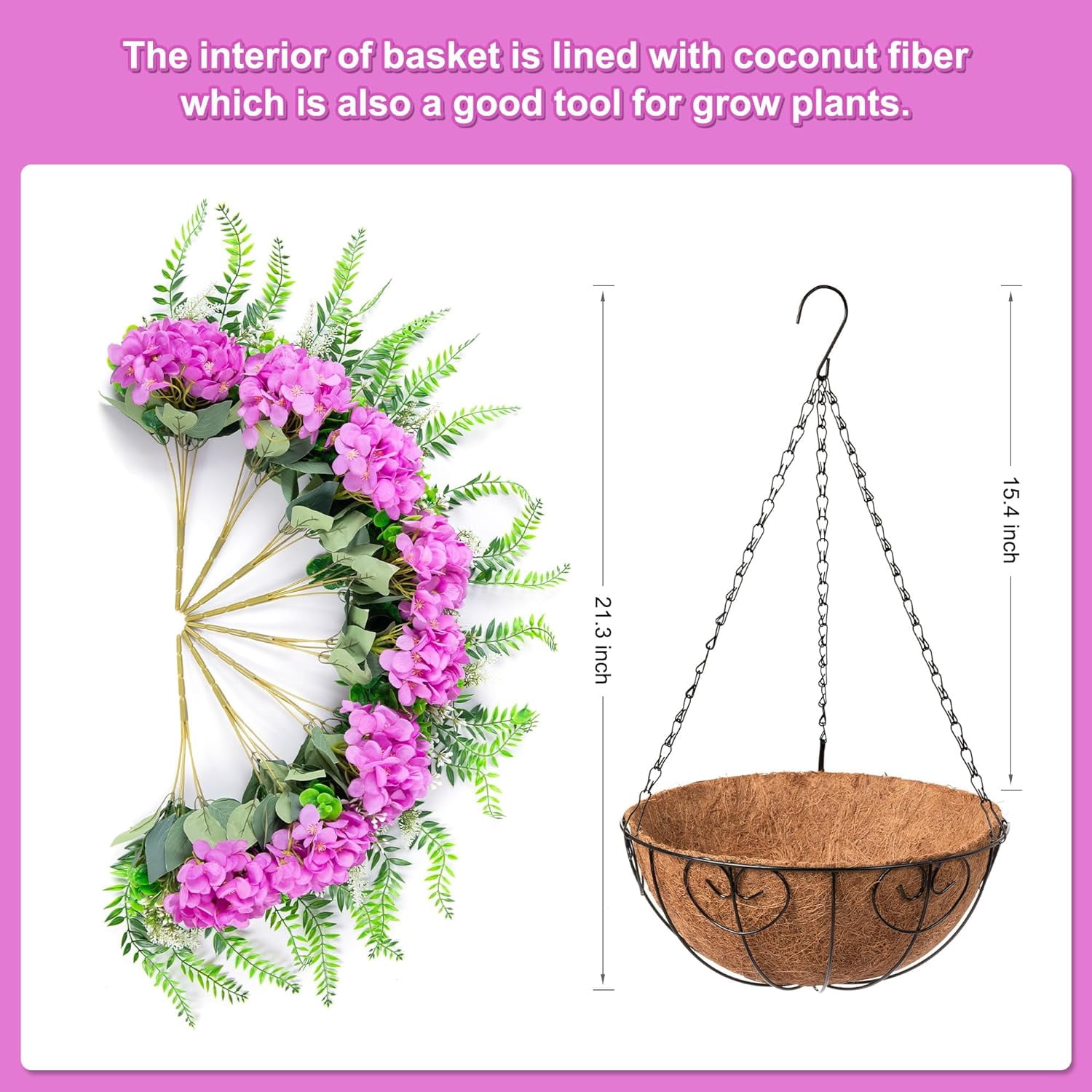 Artificial Flowers in Hanging Basket Planter for Home Spring Decoration, Silk Hydrangea Outdoor Indoor Arrangements, 12" Metal Coconut Lining Basket with Faux Plant(Champagne)