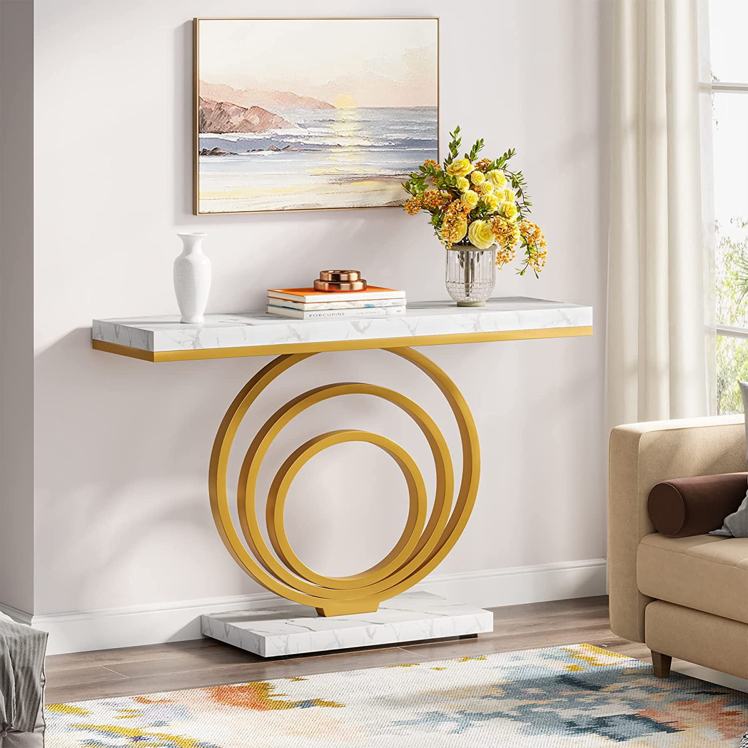 Tribesigns 41 Inch White Console Table with Gold Ring Base, Modern Entryway Sofa Table Narrow Long, Geometric Contemporary Accent Table for Living Room, Entryway, Hallway, Entrance, Faux Marble White