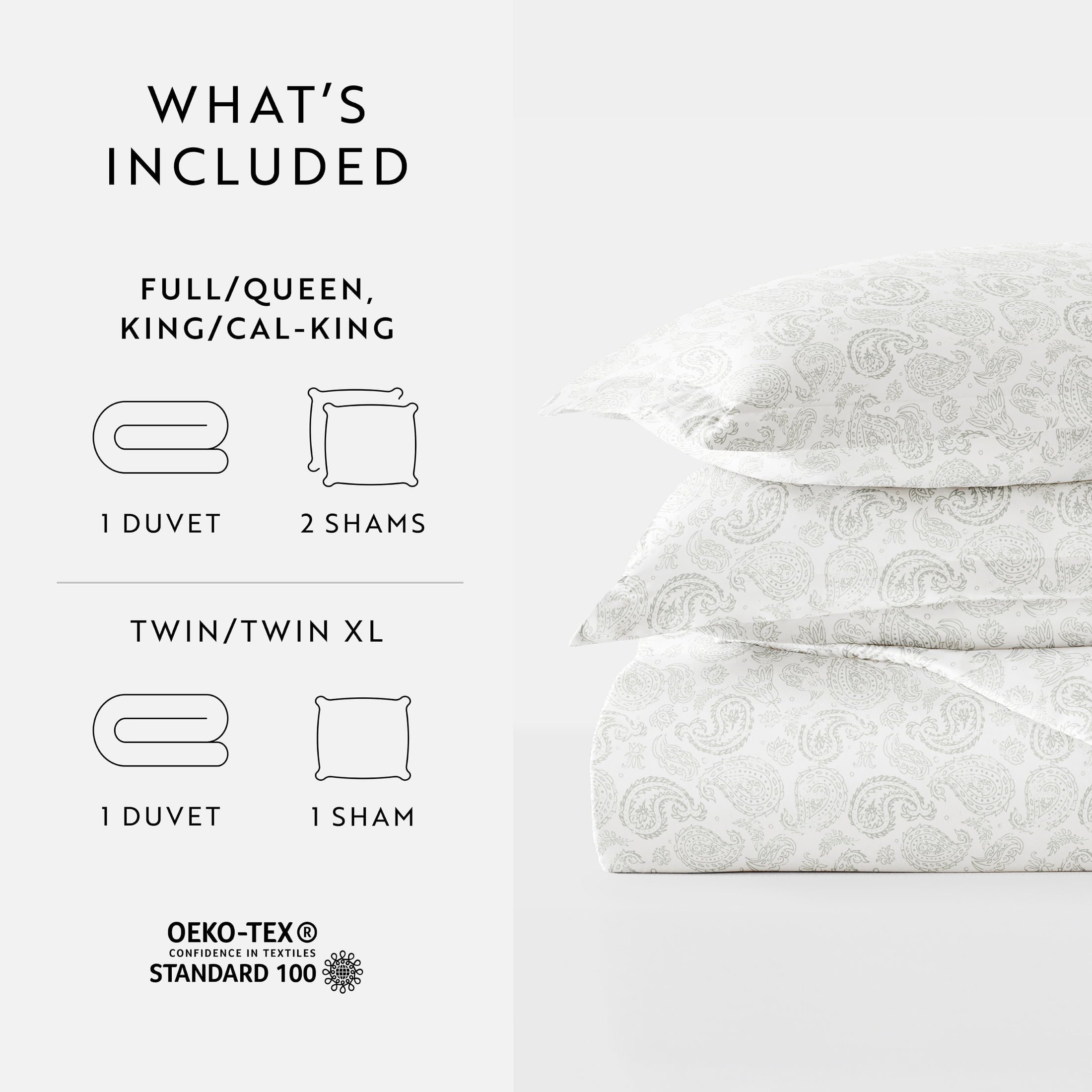 Noble Linens Light Gray Coarse Paisley Print Duvet Set 3-Piece Duvet Cover Set, Full/Queen