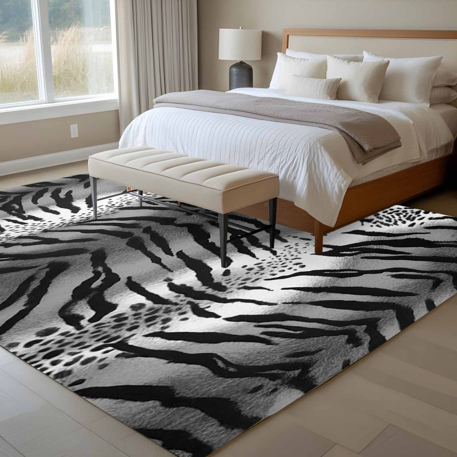 Leopard Stripes Area Rugs 8'x10', Washable Small Throw Rugs for Living Room Patio, Vintage Black White Animals Texture Indoor Outdoor Rug Non-Slip Low Pile Carpet Runner Reversible Floor Mats