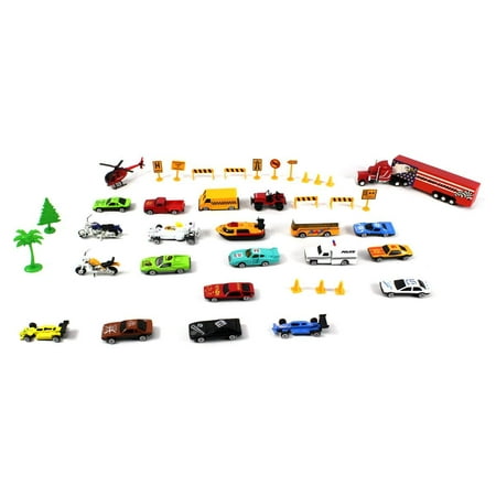 40 PCS Mini Toy Diecast Vehicle Metro Deluxe City Speed Racing Play Set, Comes with Street Play Mat, Variety of