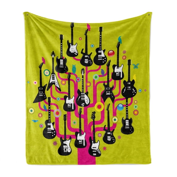 Music Soft Flannel Fleece Throw Blanket, Guitars for Rock Stars Above a Tree Plant Modern Geometric Design Print, Cozy Plush for Indoor and Outdoor Use, 50" x 60", Hot Pink Apple Green, by Ambesonne