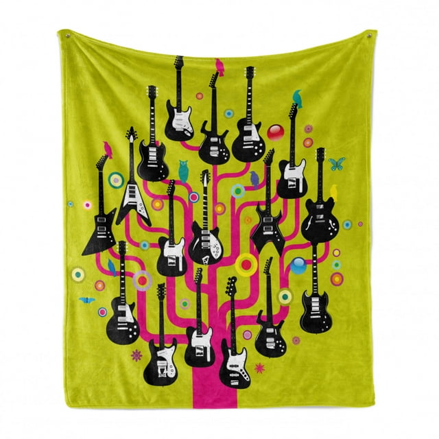 Music Soft Flannel Fleece Throw Blanket, Guitars for Rock Stars Above a Tree Plant Modern Geometric Design Print, Cozy Plush for Indoor and Outdoor Use, 50" x 60", Hot Pink Apple Green, by Ambesonne