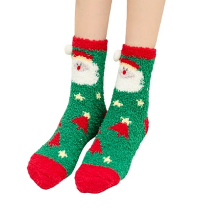 

Carolilly Christmas Room Socks Soft Coral Fleece Cartoon Santa/Elk/Snowman/Hat Printing Floor Socks for Adults Women Men