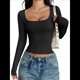 thumbnail image 2 of Camisas de Larga para Mujer, Tops Cortos, Cuello Cuadrado, Camisetas Básicas para Salir, Ropa de Invierno Y2K 2025 Negro XL, 2 of 7