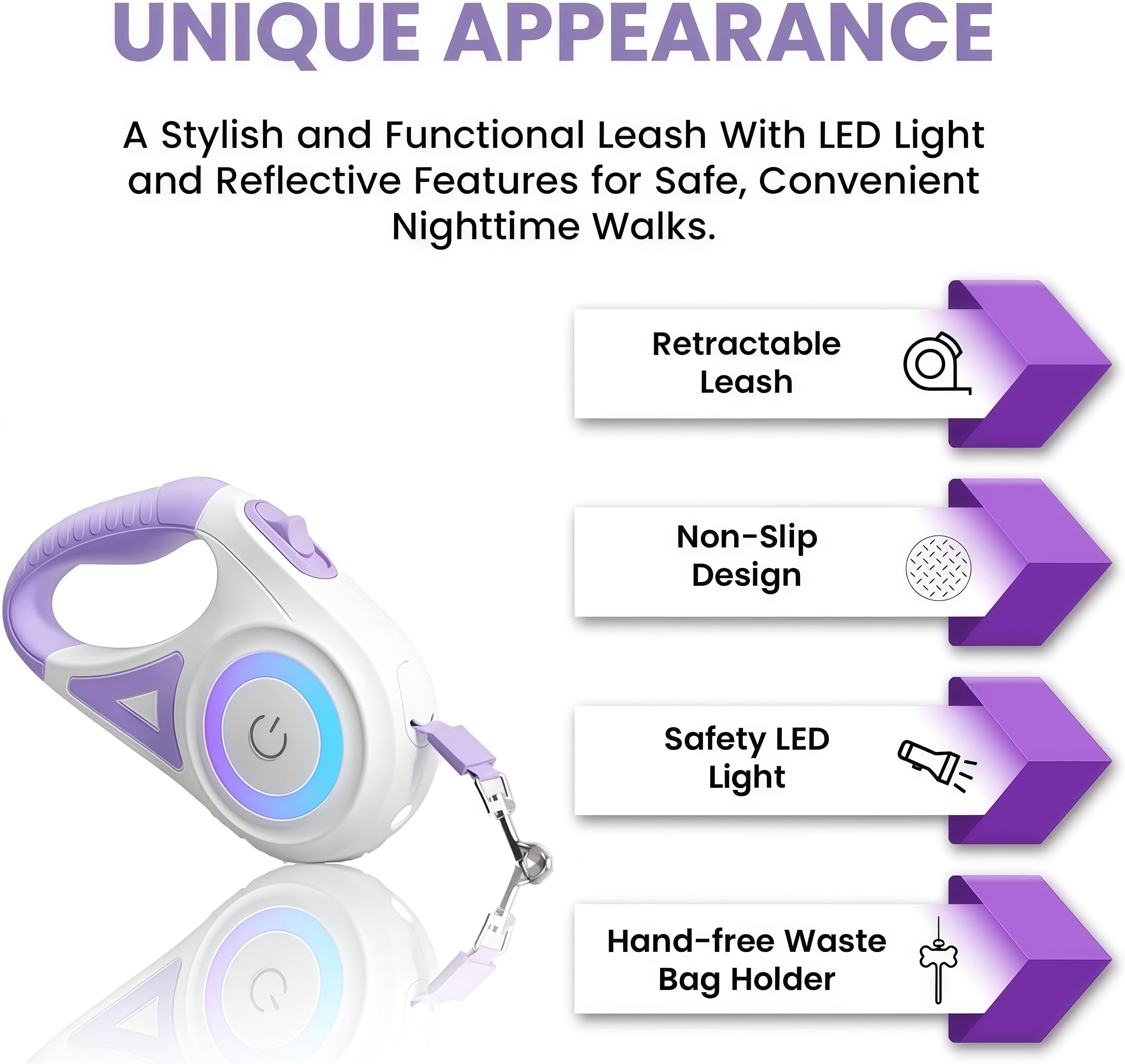 Dog Supplies Luminous Retractable Dog Leash with Front Safety Led Light - 360°Tangle-Free Training Leash for Ultimum Freedom with Anti Slip Handle Dogs & Cats - Purple
