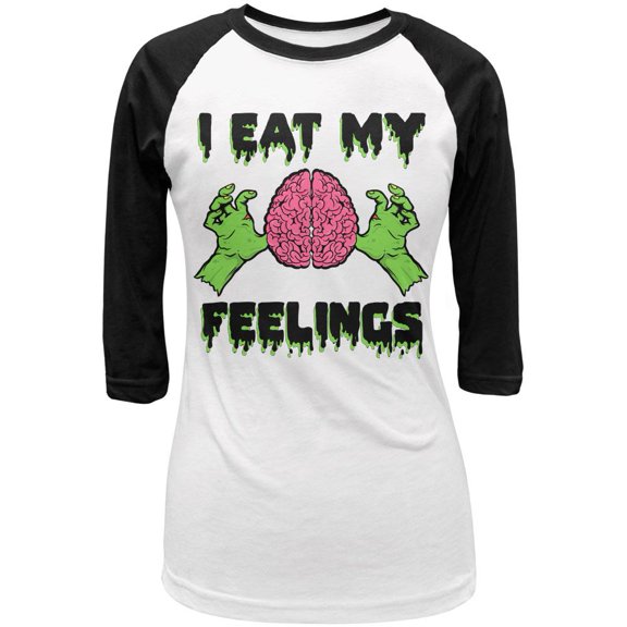 Halloween I Eat My Feelings Zombie Brain Juniors 3/4 Sleeve Raglan T Shirt White-Black SM