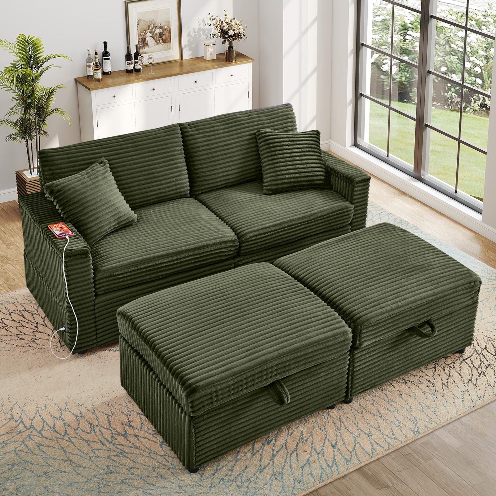 Muumblus Loveseat Sectional Sofa with 2 Storage Ottomans, Modular Cloud Couch with 2 Side Tables & USB, Plush Double Chaise Lounge Sofa Bed Indoor, Green Corduroy