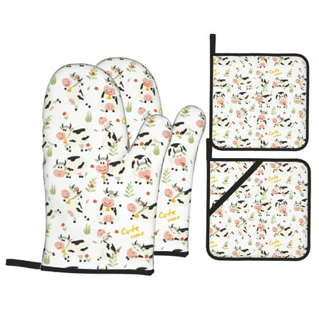 

Oven Mitts and Pot Holders 4 Piece Cartoon Funny Cute Cow Flower White High Heat Slip Resistant Oven Mitt and Trivets Set Kitchen Oven Glove Pot Holders for Cooking Baking Grilling