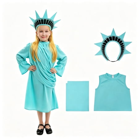 Statue of Liberty Halloween Cosplay Costume Lady Liberty Dress Role Play Outfits with Crown Headband for Halloween Cosplay Dress Up A M