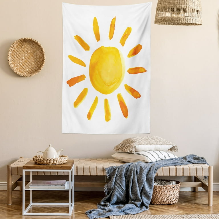 Grunge Tapestry Sun Illustration Childish Watercolor Brush Painting Style Kids Nursery Playroom Picture Wall Hanging for Bedroom Living Room Dorm