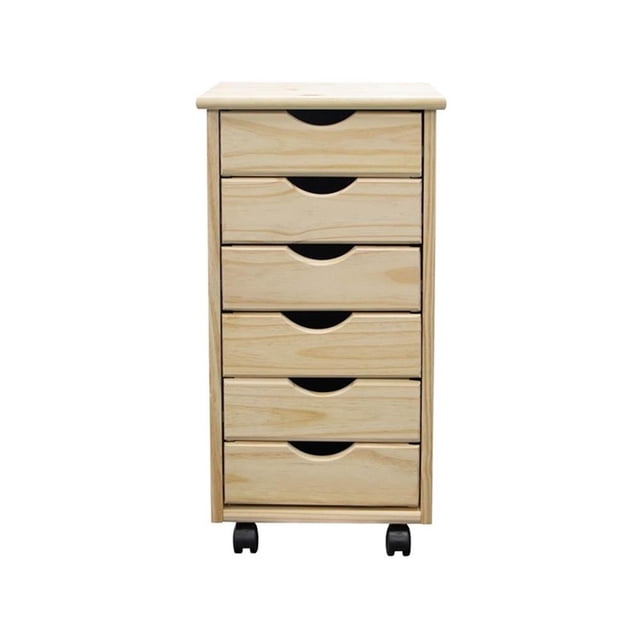 Pemberly Row Modern Solid Wood 6-Drawers Roll Utility Cart in Unfinished