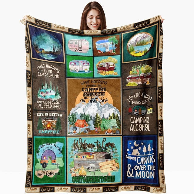 Couvertures de Camping Décor Joyeux Campeur Cadeaux d'Anniversaire pour Amis Femmes Hommes, Cadeaux Rétro Bus Campeur Couverture pour Camping Extérieur RV Voyage Randonnée Lit Canapé 60"x50 Pouces