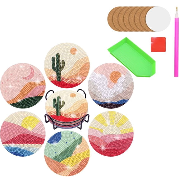 6 Pcs Diamond Art Painting Coasters with Holder, DIY bstract Landscape Diamond art Painting Kits for Beginners, Adults & Kids Art Craft Supplies