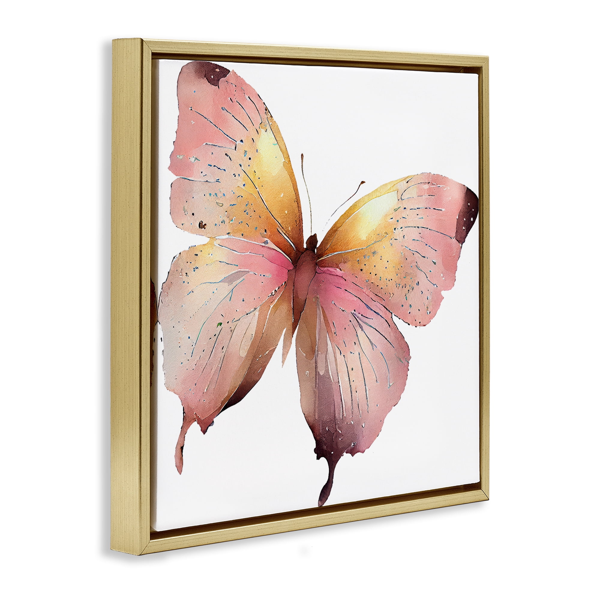 Stupell Industries Chic Pink Butterfly Animals Painting Gold Floater Framed Canvas Art Print Wall Art, 18 x 18