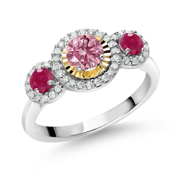 Gem Stone King 0.88 Ct Round Pink Lab Grown Diamond Red Ruby 925 Silver and 10K Yellow Gold 3 Stone Women Engagement Ring (Size 9)