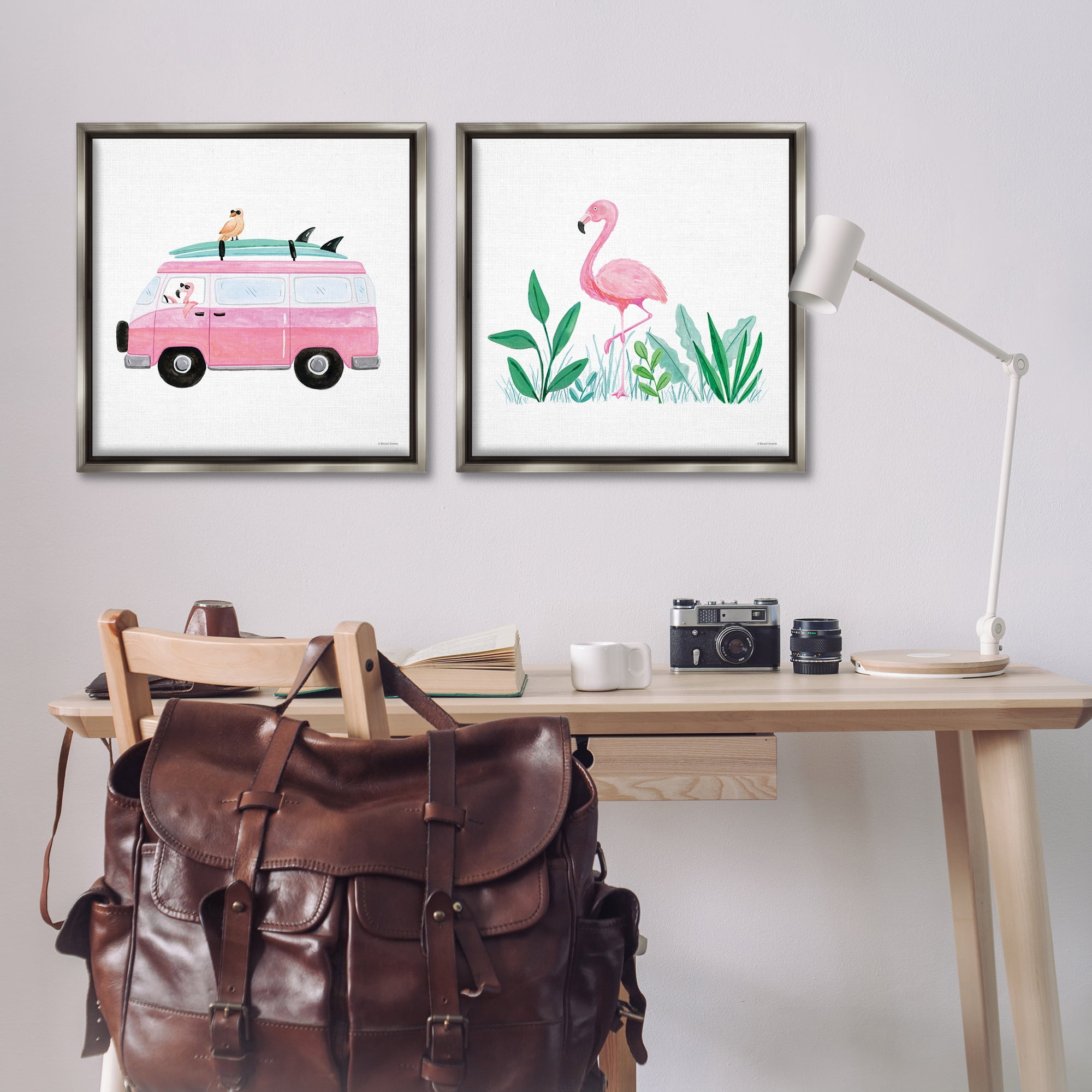 Stupell Industries Flamingos Tropical Vacation Transportation Painting Gray Floater Framed Canvas Art Print Wall Art, 25 x 25, Set of 2