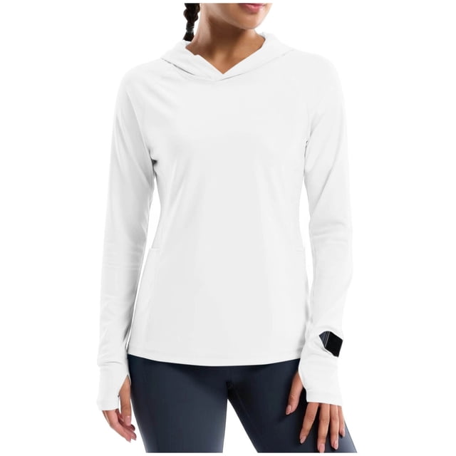 Wensltd Femmes Protection Solaire à Capuche Manches Longues Hauts de Plage avec Poche Couleur Unie Chemises de Randonnée Légères Blanc