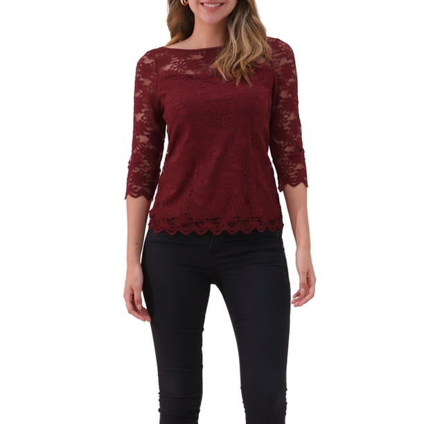 INSPIRAR CHIC Blusa de Encaje Floral de Manga 3/4 con Cuello Redondo XL Rojo Oscuro