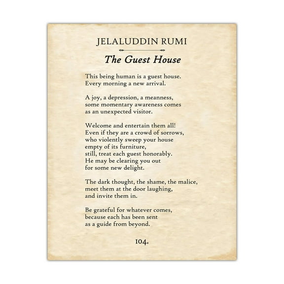 Rumi - The Guest House Poem - Classic Home Room and Office Decor, Literary Wall Art Prints, Inspirational Poetry Gift Poster or Canvas