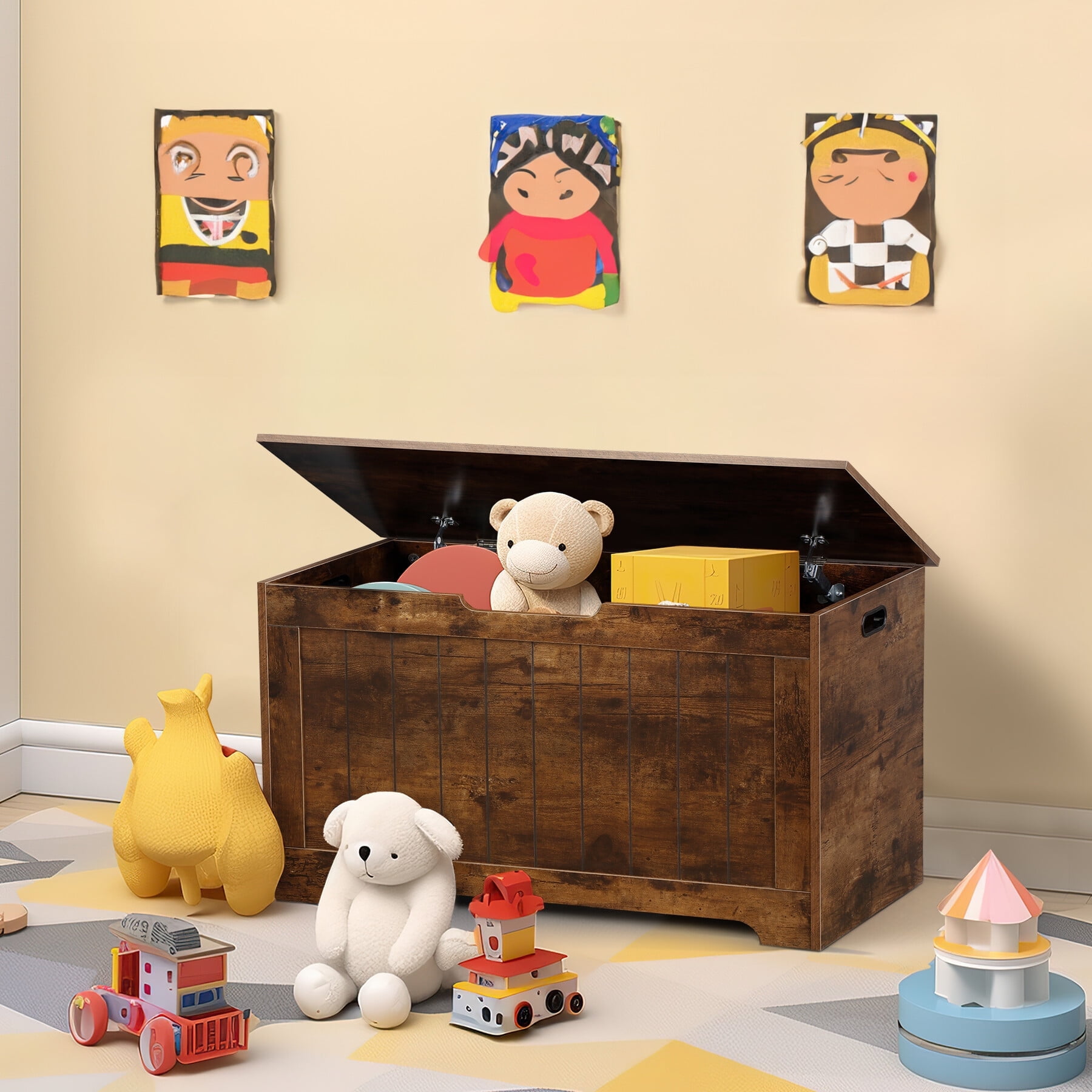 HomGarden 30'' Wooden Toy Chest 150L Large MDF Child Storage Box Cabinet Rustic Brown