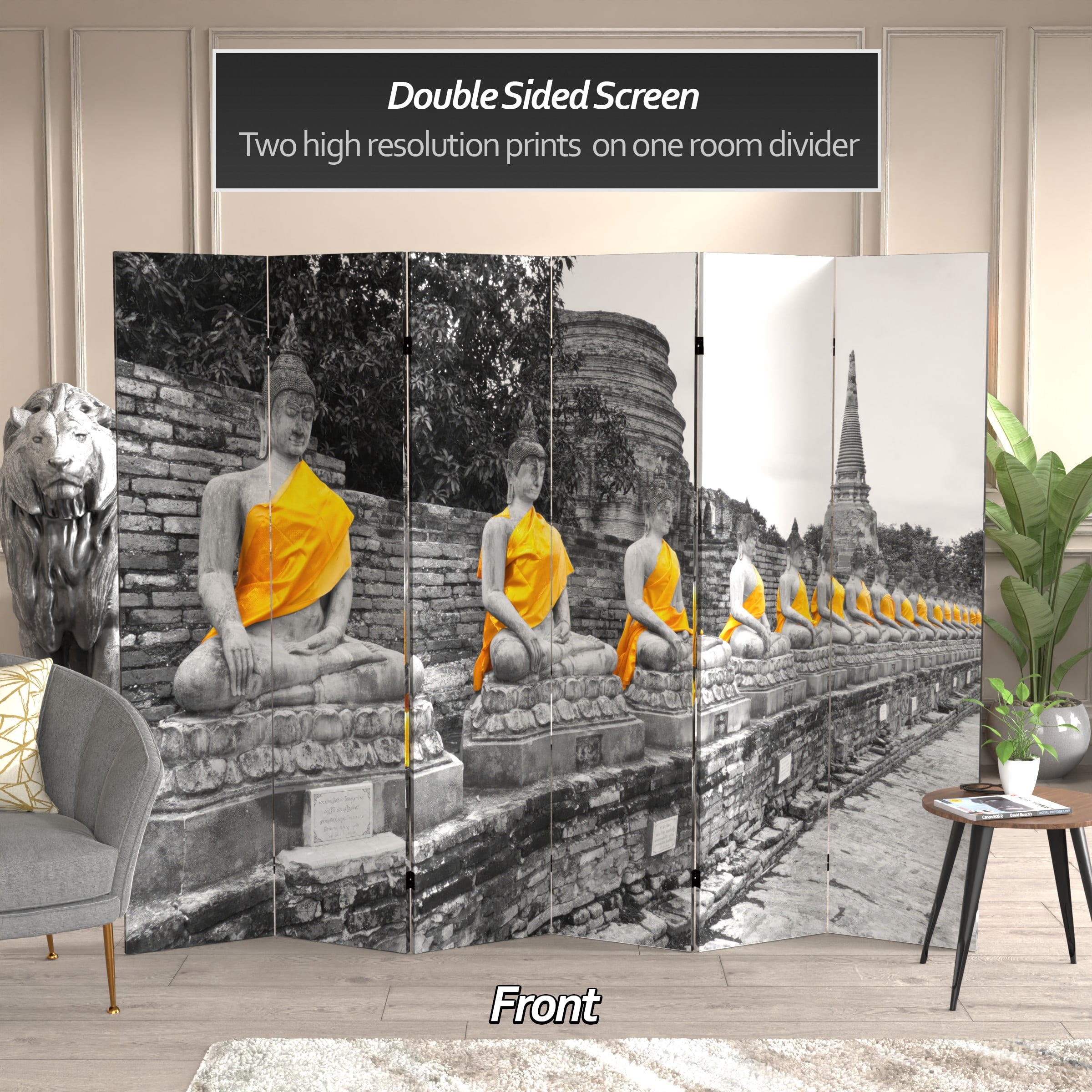6 ft. Tall Golden Buddha Canvas Print Folding Screen Room Divider