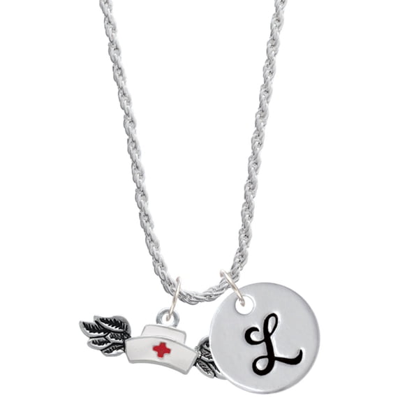 Delight Jewelry Silvertone Enamel Nurse Hat with Wings Silvertone Script Initial Disc - L - Charm Necklace, 20"+3"