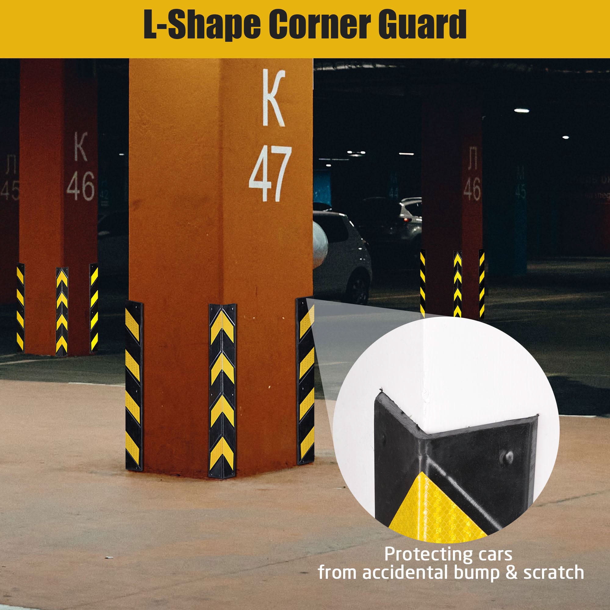 Yescom 31" Rubber L-Shape Corner Guard with Reflective Yellow Strip For Garage  Parking Lot 4 Packs
