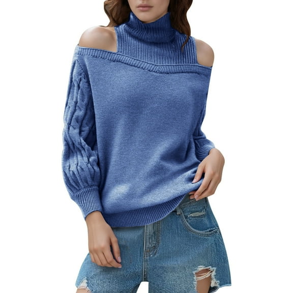 XIOACHA Womens Sweaters Turtleneck Ribbed Knit Long Sleeves Off Shoulder Knitted Blouses Casual Solid Color Elegant Streetwear Sweater