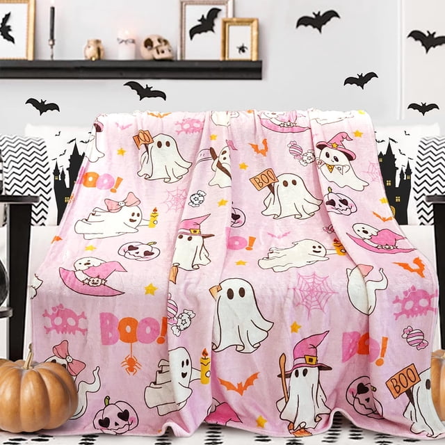 Pink Ghost Boo Blanket - Fun and Cute Flannel Soft Warm Blanket for Sofas and Chairs - 50x60 Inch