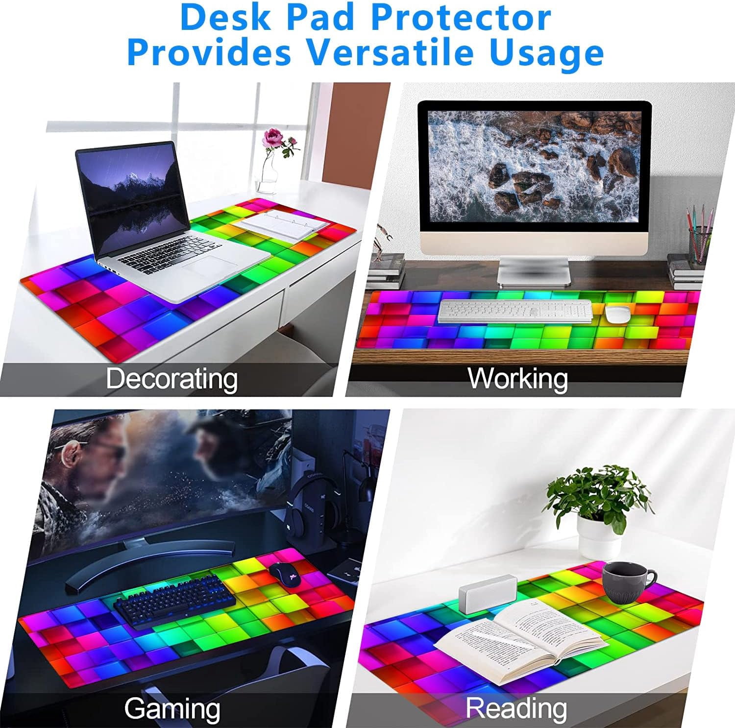 Large Mouse Pad,Colorful Rendering Cubes Large XL Desk Mat Extended Waterproof Mouse Mat with Stitched Edges and Non-Slip Base for Office Gaming Home 31.5 X 11.8 Inch