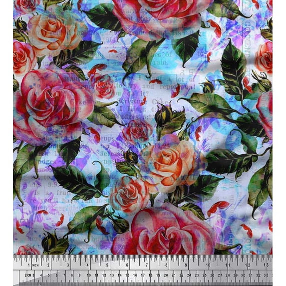 Soimoi Crepe Silk Fabric Leaves & Rose Flower Print Fabric by the Yard 42 Inch Wide