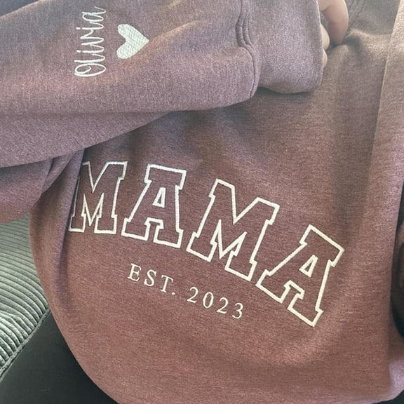Custom Embroidered Mama Sweatshirt With Kids Names on Sleeve for Mom Grandma New Mom Gift Mother's Day