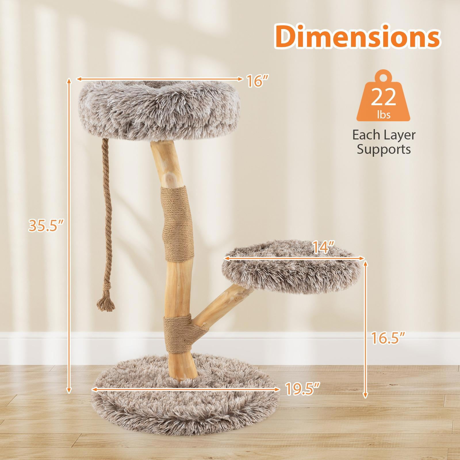 Barara King Modern Wooden Cat Tree with Perch and Natural Jute Scratching Posts, Cat Tower for Indoor Cats, Cat Condo for Indoor Cats, Brown