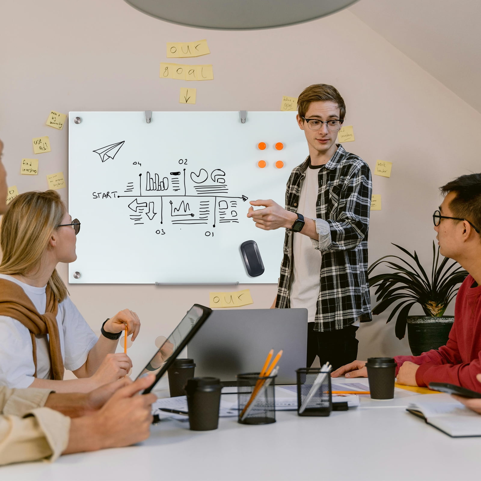 WingWise Glass Magnetic Whiteboard, Dry Erase Board, 72" x 48", Wall Mounted White Board, Frameless Board for Office, Home, School
