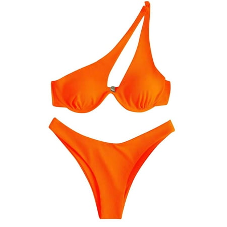 One Shoulder Swimsuits for Women Solid Underwire Bikini Top with Thong Bottoms 2 Piece Bathing Suit Vacation Swimwear  Orange  L