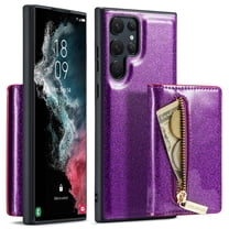 Allytech Glitter PU Leather Case for Samsung Galaxy S24 Ultra, Detachable Magnetic 2 in 1 Wallet Kickstand Case with Zipper Pocket & Card Holder, Shockproof Anti-Scratch Protective Case - Purple